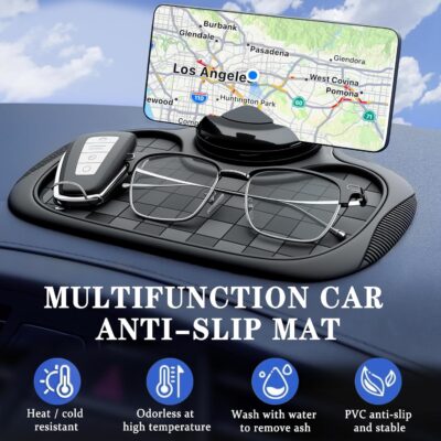 Multifunction Car Anti-Slip Mat Car Dashboard Mat 360° Rotating Adjustable Phone Holder with Hidden Parking Number Plate PVC Grid Style Mat - Image 5