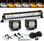 Auxbeam 22 Inch 120W LED Light Bar 2PCS 3 Inch 96W LED Pods, Amber White Fog Light 6 Modes Strobe Lights for Work Truck, Spot Flood Combo Off Road Driving Lights for Jeep ATV Utv Auto