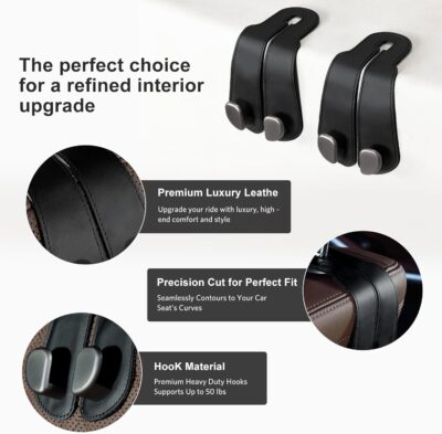 CoBak Purse Hook for Car - Universal Premium Stitched Leather and Aluminum-Magnesium Alloy Double Car Seat Back Storage Hook for Purses, Handbags, Bags (2 Pack),Black - Image 2