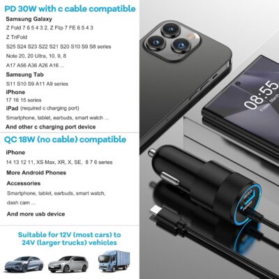 48W USB C Fast Car Charger for Samsung Galaxy Z Fold 7 6 5 4 3 Flip 7 FE 6 5 4 3 5G, Z Trifold, Tri Fold, S24 S23 S22 S21 Ultra FE Plus 5G, Vehicle Phone Adapter Auto Automobile Plug Type C 3ft Cable - Image 4
