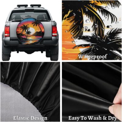 Rv Spare Tire Cover Wheel Sunset Palm Beach Tire Covers Wheel Protectors Universal Fit for Camper RV SUV Truck Travel Trailer Accessories Waterproof Cover 14 inch for Diameter 25-27in - Image 4