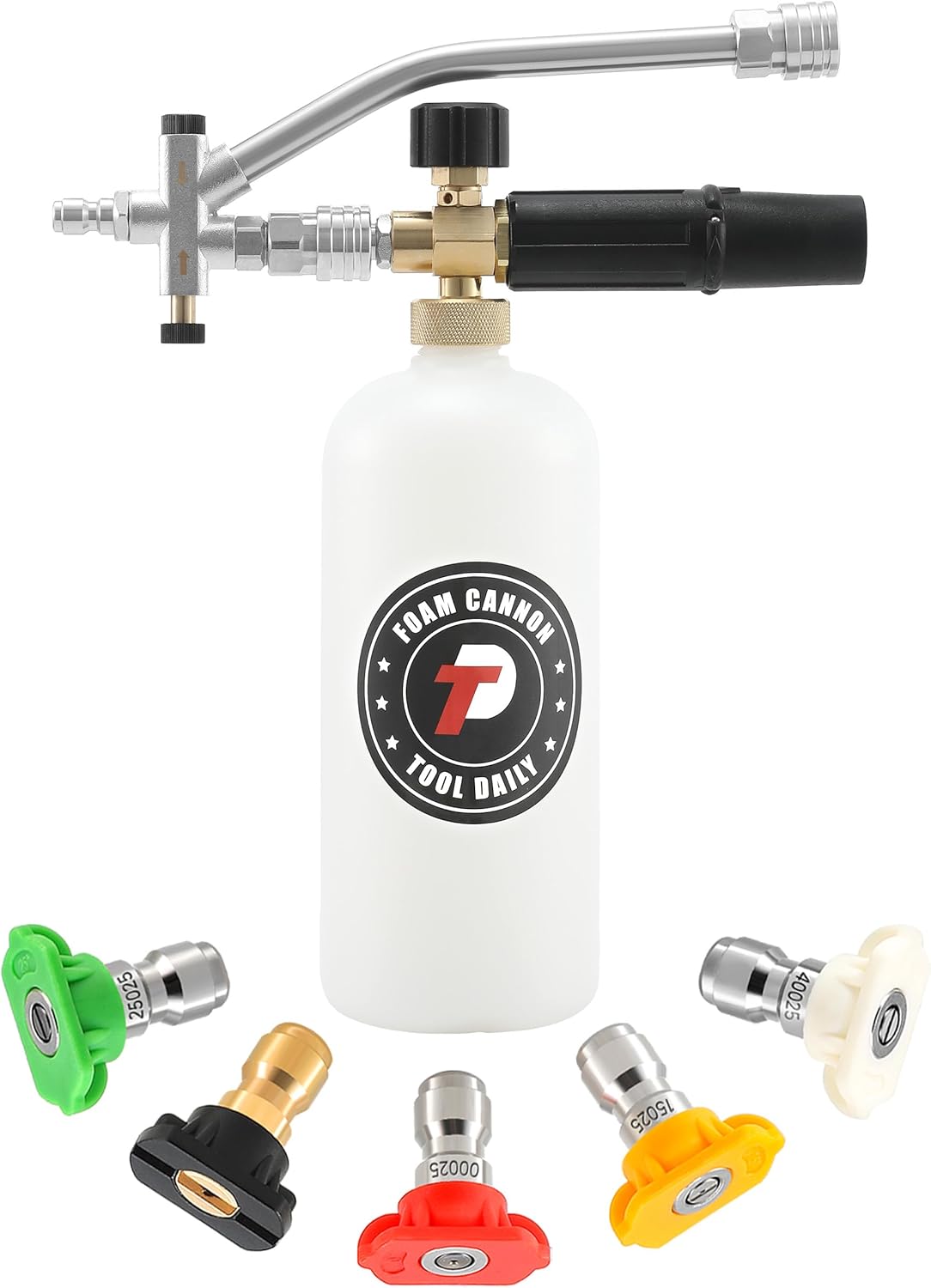 71l7BiG0uyL._AC_SL1500_.jpg Tool Daily Foam Cannon with Dual Connector Accessory, 1/4 Inch Quick Connector, 5 Pressure Washer Nozzle Tips, 1 Liter - Image 1