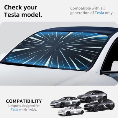 Ludicrous Sunshade for Tesla Model S/3/X/Y Front Windshield Sun Shade Accessories Juniper/Highland Foldable Car Window Sun Blocker with Organizer Bag,Triple-Coated Triple Layer - Image 2