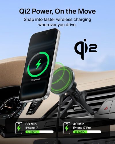 Belkin Wireless Car Charger, Magnetic Car Vent Mount w/ 3.3ft USB C Cable, Qi2 MagSafe Compatible Fast Charging iPhone Charger for iPhone 17, Galaxy S26, Pixel 10, & More - Travel Accessories - Black - Image 2