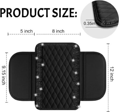NBTEPEM Bling Car Center Console Cover, Leather Car Arm Rest Cover Cushion with 2 Storage Bags, Universal Automotive Armrest Protector Storage Box, Bling Accessories Interior for Most Vehicles (Black) - Image 2