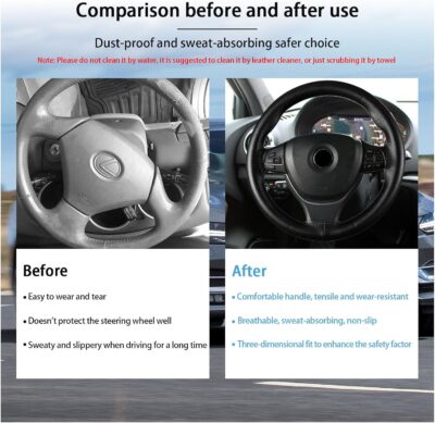 Kewucn Genuine Leather Steering Wheel Cover, 15" Universal Car Steering Wheel Protector with Needle Thread, Breathable Anti-Slip Steering Wheel Cover DIY Stitch on Wrap (Black, Full Hole) - Image 5