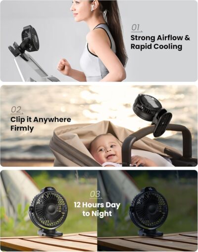 Koonie Portable Clip On Fan, Small Rechargeable Battery Operated, 3 Speed Mini clamp Fan With LED Display, 360° Rotate Personal Cooling Desk Fan for Stroller Bed Travel Camping Golf Gym - Image 2