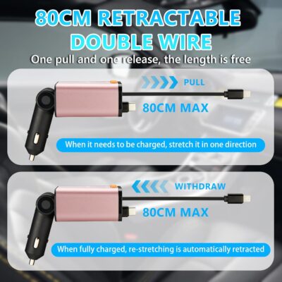 Retractable Car Charger,5 in 1 Fast Cars Phone Charger 60w,Bluetooth 5.3 FM Transmitter Adapter,Handsfree Call,MP3 Player,2 Retractable Cables and USB Chargers, for Phone,Galaxy,Pixel (Pink) - Image 5