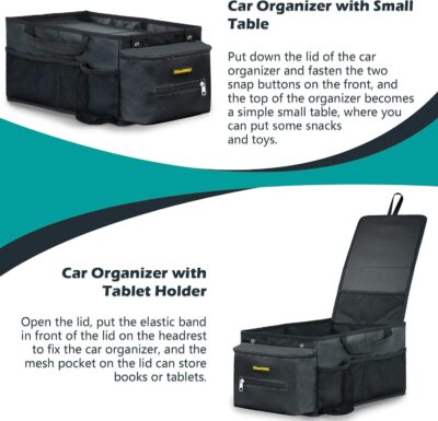 Car Seat Organizer-Car Organizer Front Seat Back Seat,Car Organizers and Storage,Passenger Seat Organizer with Lid Tissue Box Cup Holder (Grey) (Black) - Image 3