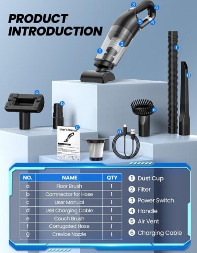 Handheld Vacuum Cordless, 26,000 Pa High Power Suction, Portable Rechargeable Car Vacuum Cleaner for Home, Office, Pet Hair, Car Detailing, Black - Image 7