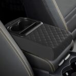 Car Center Console Armrest Pillow, 13.19"×7.87" Leather Car Arm Rest Cover, Memory Foam Auto Armrest Cushion with Cup Holder Phone Slot, Universal Vehicle Middle Console Cushion Pad (Black)