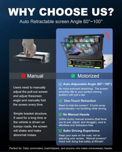 2026 Single Din Car Stereo with Wireless Apple CarPlay & Android Auto, 7-inch HD Motorized Flip Out Touchscreen Head Unit, Upgrade Type-C Fast Charge/USB/Bluetooth 5.1/DSP/AM/FM Radio Receiver - Image 7