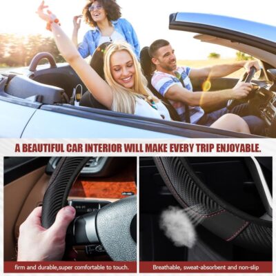 Car Steering Wheel Cover, Steering Wheel Protector, Universal 14.5-15 Inch Microfiber Leather Breathable Auto Steering Wheel Covers, Carbon Fiber Steering Wheel Cover for Women Men (Black) - Image 4