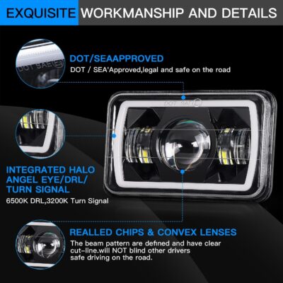 LEDUR 4x6 LED Headlights DOT Approved 4PCS Angel Eye Halo Turn Signal DRL Hi/Lo Sealed Beam Rectangle Headlight Replace H4651 H4652 H4656 H4666 H6545 for Kenworth T800 W900 Peterbilt 378 379 Truck Van - Image 8