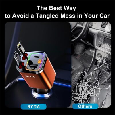 4 in 1 Retractable Car Charger with Starry Light,69W Cigarette Lighter Charger,USB C Fast Car Charger for iPhone 17 Pro Max 16 15 14 13 12 11 (for Apple+Type C &RGB Breathing Light [Orange]) - Image 3