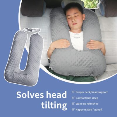 Travel Pillow for Kids & Adults, Car Pillow for Back Seat, Sleeping Support Cushion for Long Road Trips, Toddler Carseat Pillow with Removable & Washable Cover, Grey - Image 3