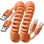 LISEN Coiled USB C Cable, 2 Pack for Android Auto & CarPlay Cable, Short Orange USB C Cable Compatible with iPhone 17 Pro Max Orange/16/15, Samsung Galaxy S25/S24/S23 A15/A14