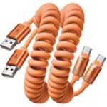 LISEN Coiled USB C Cable, 2 Pack for Android Auto & CarPlay Cable, Short Orange USB C Cable Compatible with iPhone 17 Pro Max Orange/16/15, Samsung Galaxy S25/S24/S23 A15/A14