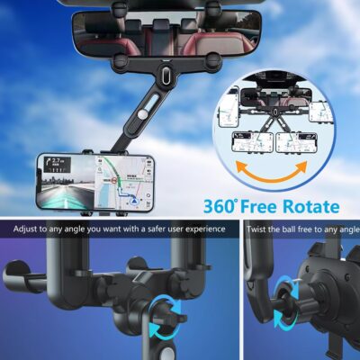 PKYAA Rearview Mirror Phone Holder for Car, 360° Rotating Rear View Mount with Adjustable Arm Length, Upgraded Four Corners Fixed Anti-Shake Multifunctional Design for All Smartphones - Image 5