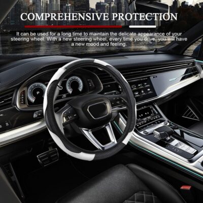 Car Steering Wheel Cover, Non-Slip Car Wheel Cover Protector, 15 inch Carbon Fiber Microfiber PU Leather Elastic Steering Wheel Protector for Men Women, Universal Auto Accessories (White) - Image 7