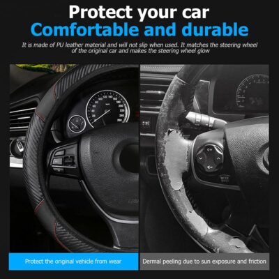 BESULEN Car Steering Wheel Cover, Anti-Slip Breathable Auto Steering Wheel Protector for Women Men, Leather Carbon Fiber Vehicle Interior Accessories, 15 Inch Universal for SUV, Truck, RV（Black） - Image 3