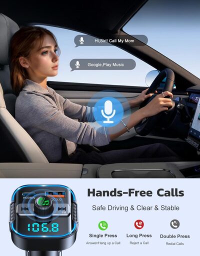 Bluetooth 5.3 Car Adapter【PD 36W+QC3.0 18W】, 2-in-1 FM Bluetooth Transmitter 【Dual Stronger Mics】& Fast Car Charger, Wireless FM Radio Adapter Hands-Free Calling, Siri Assistant, Black - Image 5