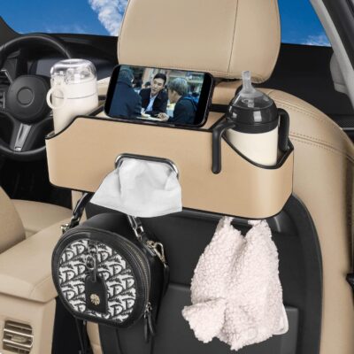 HOLDCY Car Back Seat Organizer with 2 Drink Cup Holder - Tissue Box and Storage Box Hook - Multi-functional Storage - Great for Kids and Travel (Beige) - Image 6