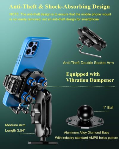 BRCOVAN Anti-Theft Phone Mount Holder with Vibration Dampener [Camera Friendly] [1s Lock & Release], with Aluminum Diamond Base & Medium Arm for Car Boat Truck Motorcycle UTV ATV Fit 5.4-7.2'' Phone - Image 3