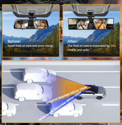 Rear View Mirror, Chrome Anti-glare Panoramic Rear Mirrors Universal 12 Inch Convex Car Interior Clip on Extra Big Wide Angle Rearview Mirror Extender to Reduce Blind Spot for Car SUV Trucks - Image 6