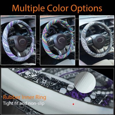 Boho Steering Wheel Cover, Bohemian Cloth Car Steering Wheel for Women Breathable Flax Ethnic Style Steering Wheel Accessories Cover Sweat-Absorbing Anti-Slip Fits 14 1/2-15 Inch - Black - Image 3