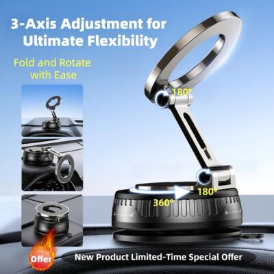 2026 Upgraded Magnetic Car Phone Mount for MagSafe: 360° Rotatable Adjustable Holder with 180+LBS Strong Suction Cup & 4200gf Magnet, Compatible with iPhone Series & Android Devices, Black - Image 3