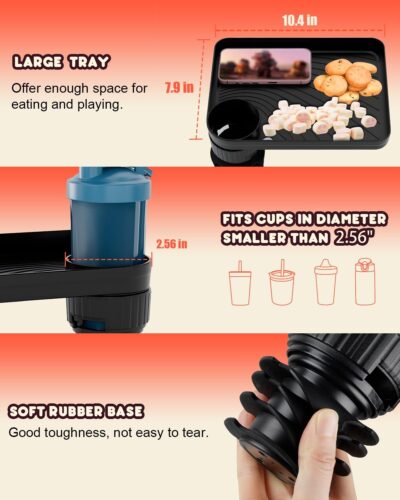 SEVEN SPARTA Car Seat Tray for Kids Toddler Travel with Soft Rubber Base, Rotatable and Removable Cup Holder Snack Tray for Food Color and Play for Family Road Trip Essentials (1, Standard Base) - Image 4