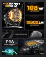 Auxbeam V-Ultra Series 3" 108W Side Shooter LED Pods with Amber DRL 3 Modes & Light Covers 270 Degree Wide Range 12800LM Round Offroad Driving Light Bar for Truck Jeep ATV UTV, Pair - Image 9