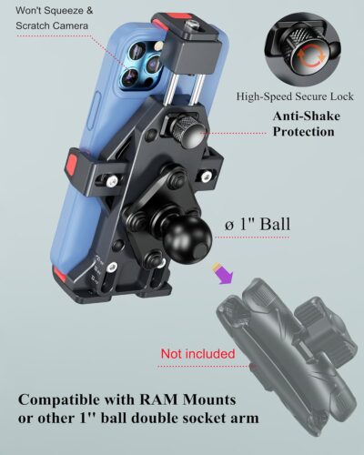 BRCOVAN 1'' Ball Aluminum Alloy Phone Mount Holder with Vibration Dampener, for Motorcycle ATV UTV Car Bike Boat Truck Scooter Fit for RAM Mounts B Size 1'' Ball Double Socket Arm, for 4.7-7.2'' Phone - Image 3