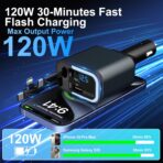 5-in-1 120W 30-Minutes Fast Flash Charging Retractable Car Charger, Wireless Bluetooth FM Transmitter, Type-C+USB-A Car Charger Adapter, Compatible with iPhone 17/16/15/14/13 Pro Max & Android Devices - Image 2