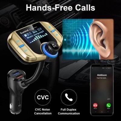Sumind 2026 Upgraded Wireless Bluetooth Car Adapter FM Transmitter, 1.7'' LCD Display, Flexible Gooseneck, 20W QC3.0&Dual USB Ports, AUX Input/Output for Hands-Free Call, Micro/TF Card(Golden,Normal) - Image 7