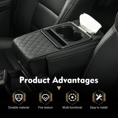 Car Armrest Cushion, Leather Waterproof Center Console Cover, 5-in-1 Arm Rest Cover with Storage Box, Cup Holder, Tissue Box, Phone Slot, Universal for Most Cars (Black) - Image 6
