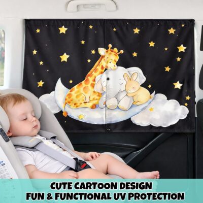 Car Window Shade for Baby, 2 Pack Double Layer with 7 Strong Magnets, Cute Giraffe & Star Design Baby Sun Shade for Car Window, Adjustable Blackout & See-Through Privacy Curtains UV Protection - Image 2