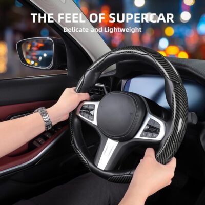 Car Steering Wheel Cover, 3 Piece Bright Carbon Fiber Steering Wheel Covers, Non-Slip Steering Wheel Cover Protector, Great Grip, Universal Car Accessories Decoration for 14.5-15 inch (Black) - Image 2