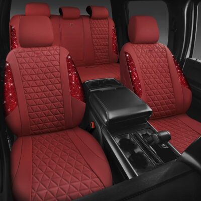 CAR PASS Bling Diamond Burgundy Leather Car Seat Covers Full Sets Interior Sets, Waterproof Shining Glitter Sparkly Crystal Universal Armrest Fit Automotive Truck SUV Cute Women Girl, Red Rhinestone - Image 2
