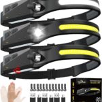 Rechargeable Headlamp 3PCS, 230° Wide Beam Head Lamp, Motion Sensor LED Headlamp Rechargeable, 5Mode Bright Headlamps for Adults, Head Lights for Forehead, Hard Hat Headlight, Camping Essentials Gear