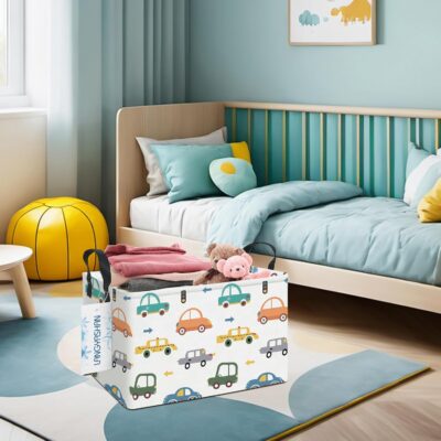 LANGYASHAN Rectangular Storage Bin Collapse Canvas Fabric Cartoon Storage Basket with Handles for Organizing Home Kitchen Boys and Girls Toys Office Closet Shelf Baskets(Rec Color Cars) - Image 5