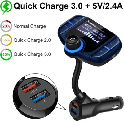 Sumind 2026 Upgraded Wireless Bluetooth Car Adapter FM Transmitter, 1.7'' LCD Display, Flexible Gooseneck, 20W QC3.0&Dual USB Ports, AUX Input/Output for Hands-Free Call, Micro/TF Card(Blue,Normal) - Image 4
