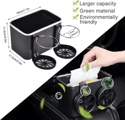 Car Armrest Storage Box with 2 Cup Holders - 2024 New Between Car Seat Organizer with Cup Holder, Universal Cars Arm Rest Storage Box Organizer Center Console Cupholders Tissue Boxs Holders (Black) - Image 6