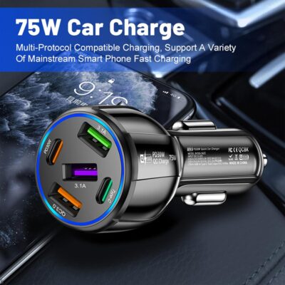 Upgraded Car Charger USB C with 5 Port,75W Cigarette Lighter Adapter with Type-C & QC 3.0 Ultra Fast Charging Port,Universal Car Charger Adapter for Navigator,Dash Cam (Black) - Image 7