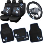 CAR PASS Blue Butterfly Car Seat Covers Full Set, Embroidered Flower Waterproof Car Floor Mats Carpet, Butterflies Steering Wheel Cover for Universal Car Accessories Interior Sets (Black and Blue)