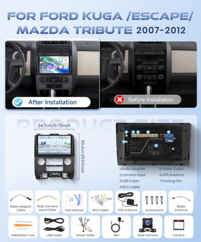 8-Core 4G+64G Qual-comm Snapdragon chip Car Radio for Ford Escape 2007-2012, Rimoody Car Stereo Carplay Android Auto 3D car Model Display GPS WiFi 9 Inch IPS Touchscreen Mirror Link Camera - Image 7