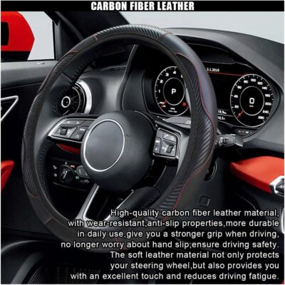 Car Steering Wheel Cover, 15 Inch Carbon Fiber Leather Elastic Steering Wheel Protector, Anti-Slip, Breathable & Soft Car Interior Accessories Universal for Most Cars, Men & Women (Black) - Image 5