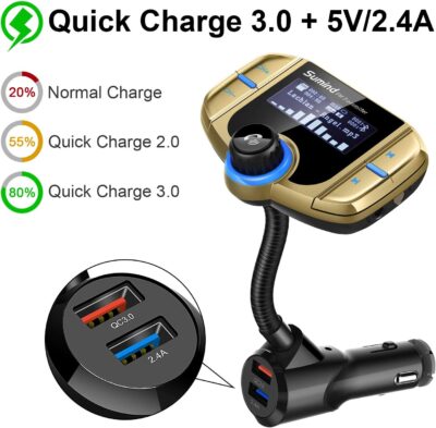 Sumind 2026 Upgraded Wireless Bluetooth Car Adapter FM Transmitter, 1.7'' LCD Display, Flexible Gooseneck, 20W QC3.0&Dual USB Ports, AUX Input/Output for Hands-Free Call, Micro/TF Card(Golden,Normal) - Image 5