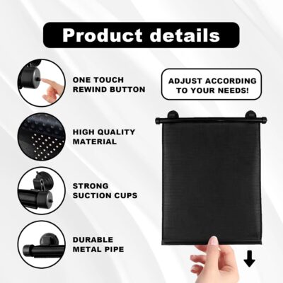 Vrasly 2 Pack Roller Car Side Window Sun Shade, Retractable Car Window Shade for UV and Sun Glare Protection (18"x20") - Image 3